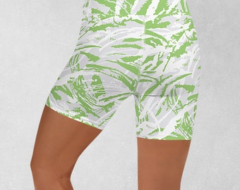 Green and White Abstract Print Yoga Shorts, Women's Summer Pattern Fitness Shorts for Yoga, Running and Training in the Gym
