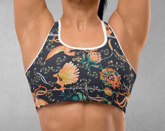 Colourful Bird Pattern Sports Bra, Yoga Crop Top with Botanical Pattern, Unique Racerback Top for the Gym