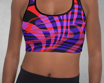 Zebra Pattern Sport Bra, Red, Blue and Purple Crop Top, Animal Print Fitness Racerback Top for the Gym, Yoga and Pilates