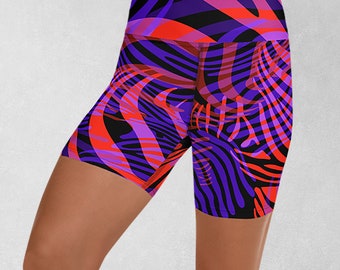 Zebra Print Yoga Shorts, Red, Blue and Purple Bold Pattern Shorts, Fitness Shorts for Women Training in the Gym, Pilates and Running