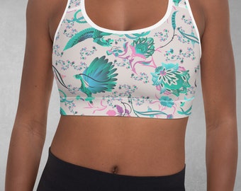 Bird Print Sports Bra, Yoga Crop Top with Botanical Pattern, Fitness Racerback Top for Women