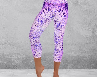 Legging de fitness fleuri pour femme, pantalon de yoga capri avec un motif abstrait unique, collants de sport saisissants violet et rose