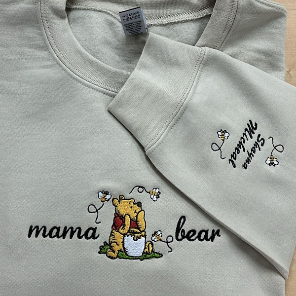 Embroidered Mama Sweatshirt, Personalized Embroidered Mama Bear Shirt With Kids Names Sleeve, Best Mom gift, Custom embroidery disney tshirt