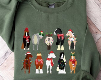 Horse Lover Animal Christmas Shirt, Christmas Farm Animals T-Shirt, Funny Horse Christmas Hoodie,Horses In A Row Tee,Xmas Gift for Horse Mom