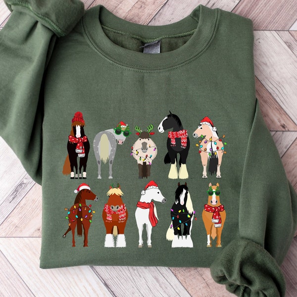 Horse Lover Animal Christmas Shirt, Christmas Farm Animals T-Shirt, Funny Horse Christmas Hoodie,Horses In A Row Tee,Xmas Gift for Horse Mom