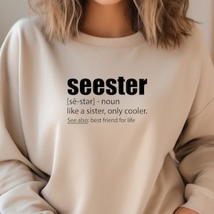 May include: A beige sweatshirt with the word "seester" printed on the front. The word is defined as "like a sister, only cooler." The text also says "See also: best friend for life."