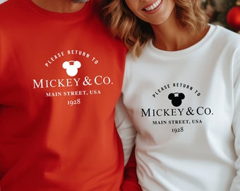 Please Return to Mickey and Co Main Street Sweatshirt, USA 1928 Hoodie, Mickey and Co T-Shirt, Disney Trip Sweatshirt, Disney 2024 Trip Tee