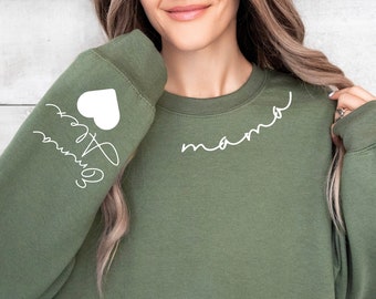Custom Mama Sweatshirt with Kid Name on Sleeve, Personalized Mom Hoodie, Gift Momma Shirt, Christmas Gift for Mom, Gift for Her