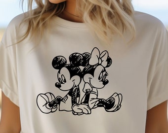 Disney Vintage Mickey & Minnie Sketch Shirt, Matching Couple Disney T-Shirt, Disney Fun Matching Shirt,Cute Couple Mickey Minnie Sitting Tee
