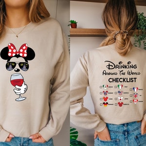 Mickey Beer Minnie Wine Front and Back, Epcot Drinking Around The World Shirt, Drinking Around The World Checklist T-Shirt,Disney Couple Tee