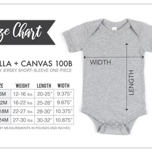 Op de afbeelding: Maattabel voor Bella + Canvas 100B baby jersey short-sleeve onesie. De tabel toont maten van 3-6 maanden tot 18-24 maanden, met de bijbehorende gewichts-, lengte- en breedtemaat in ponden en inches.