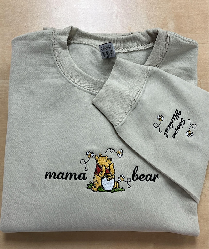 Embroidered Mama Sweatshirt, Personalized Embroidered Mama Bear Shirt With Kids Names Sleeve, Best Mom gift, Custom embroidery disney tshirt image 1