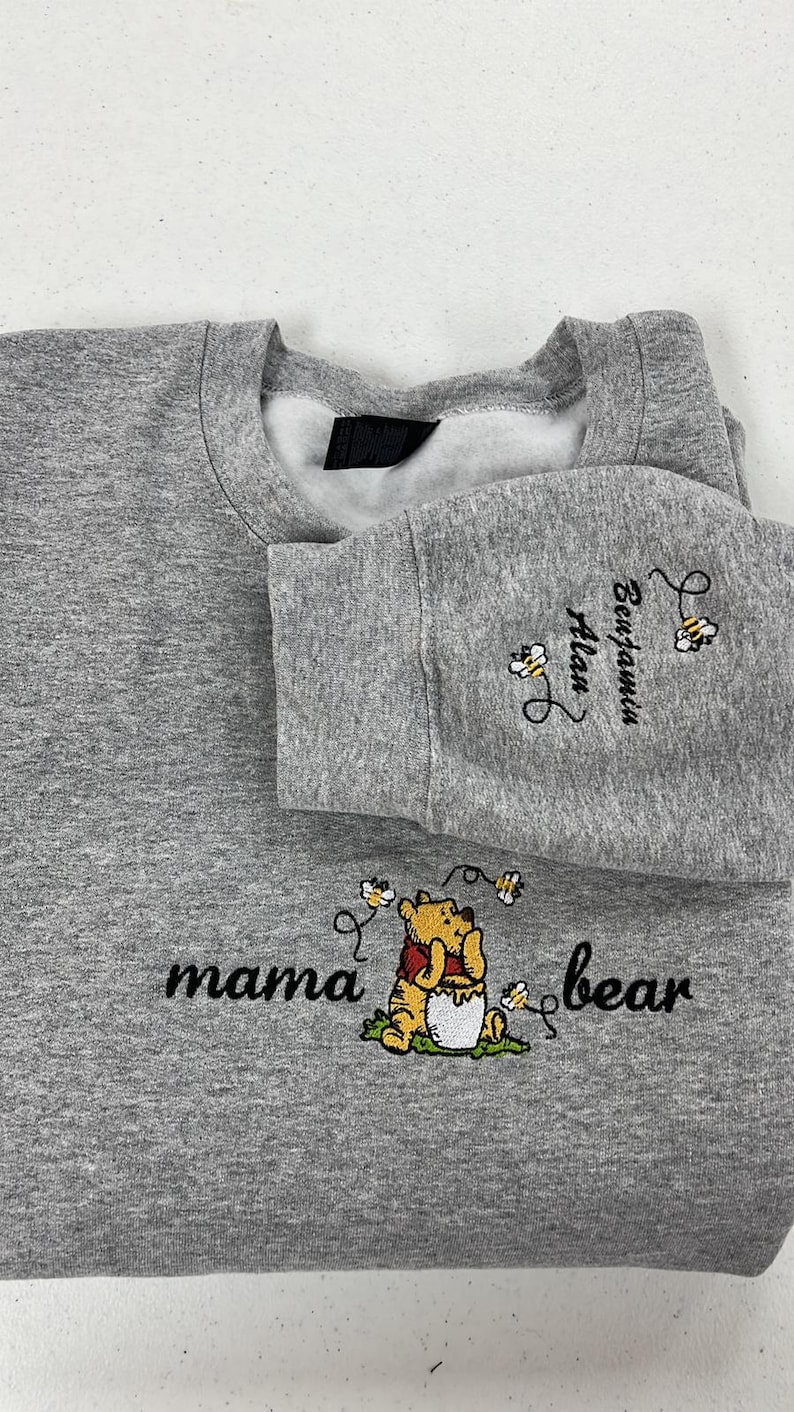 Embroidered Mama Sweatshirt, Personalized Embroidered Mama Bear Shirt With Kids Names Sleeve, Best Mom gift, Custom embroidery disney tshirt image 5