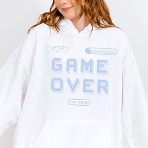 Game Over Hooded Sweatshirt Video Game Hoodie for Gamer Girl Cute Oversized Gaming Hoodie for Game Lover Console Button Sleeve Print Shirt