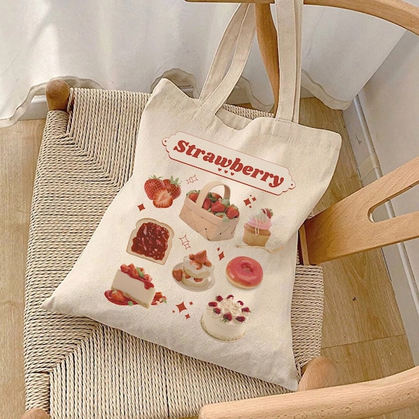 Strawberry Tote Bag Red Berry Faves Totebag Dessert Bag Sweets Canvas Tote Minimalist Reusable Bag for Foodie Coquette Aesthetic Accessory