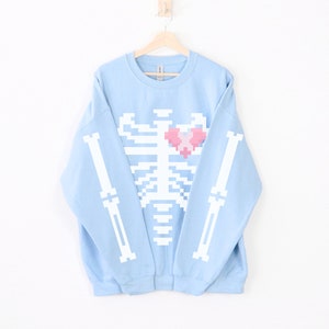 Sudadera Pixel Skeleton, suéter unisex J-fashion Ribcage, moda Yami Kawaii, cuello redondo con corazón roto, estética Harajuku linda, sudadera con capucha Menhera