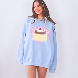 Kawaii Pudding Sweatshirt Harajuku Flan Sweater Cute Japanese Dessert Graphic Pullover Pastel Cutecore Crewneck Fairy Kei Sweat J-fashion