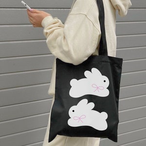 Pink Ribbon Rabbit Tote Bag Cute Bunny with Bow Canvas Totebag Eco-friendly Minimalist Tote Coquette Aesthetic Reusable Bag for Animal Lover