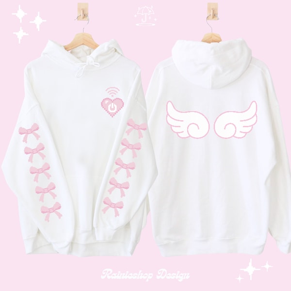 Pink Angelcore Pixel Herz Hoodie, J-mode Tenshi Kaiwai Kapuzen-Sweatshirt, Japanische Mode Cybercore Kleidung, Kawaii Vorderseite Rückseite Kleidung