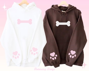 Pastel Pink Dog Paw & Dogbone Print Hoodie, Kawaii Puppy Unisex Hooded Sweatshirt