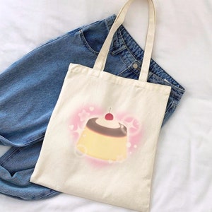 Kawaii Flan Tote Bag Cute Pudding Canvas ToteBag Japanese Dessert Tote Cutecore Aesthetic Reusable Bag J-Fashion Accessory Harajuku Fashion