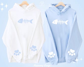 Pastel Blue Cat Paw & Fish Bone Print Hoodie, Kawaii Unisex Hooded Sweatshirt