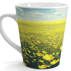 Mug with a meadow of Buttercup flowers, floral Latte Mug for all as gift or decor.