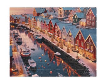 Mysig snöig hamnbypussel, nordisk-europeisk vinterstad