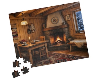 Cozy Cabin Fireplace Winter Puzzle- Scandinavian scene