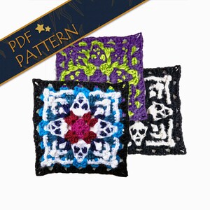 May include: Three crochet squares with different designs. The top square is purple with a green floral pattern. The middle square is black with a white and blue skull pattern. The bottom square is black with a white skull pattern.