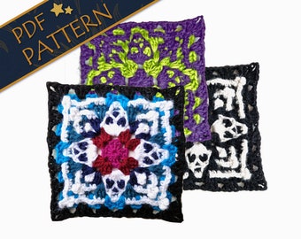 May include: Three crochet squares with different designs. The top square is purple with a green floral pattern. The middle square is black with a white and blue skull pattern. The bottom square is black with a white skull pattern.