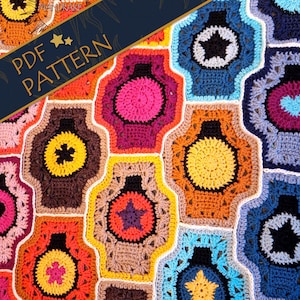 May include: A colorful, crocheted blanket featuring a repeating pattern of geometric shapes in various colors, including orange, blue, and pink. The blanket has a star and flower design in the center of each shape. The words "PDF PATTERN" are displayed on a banner.