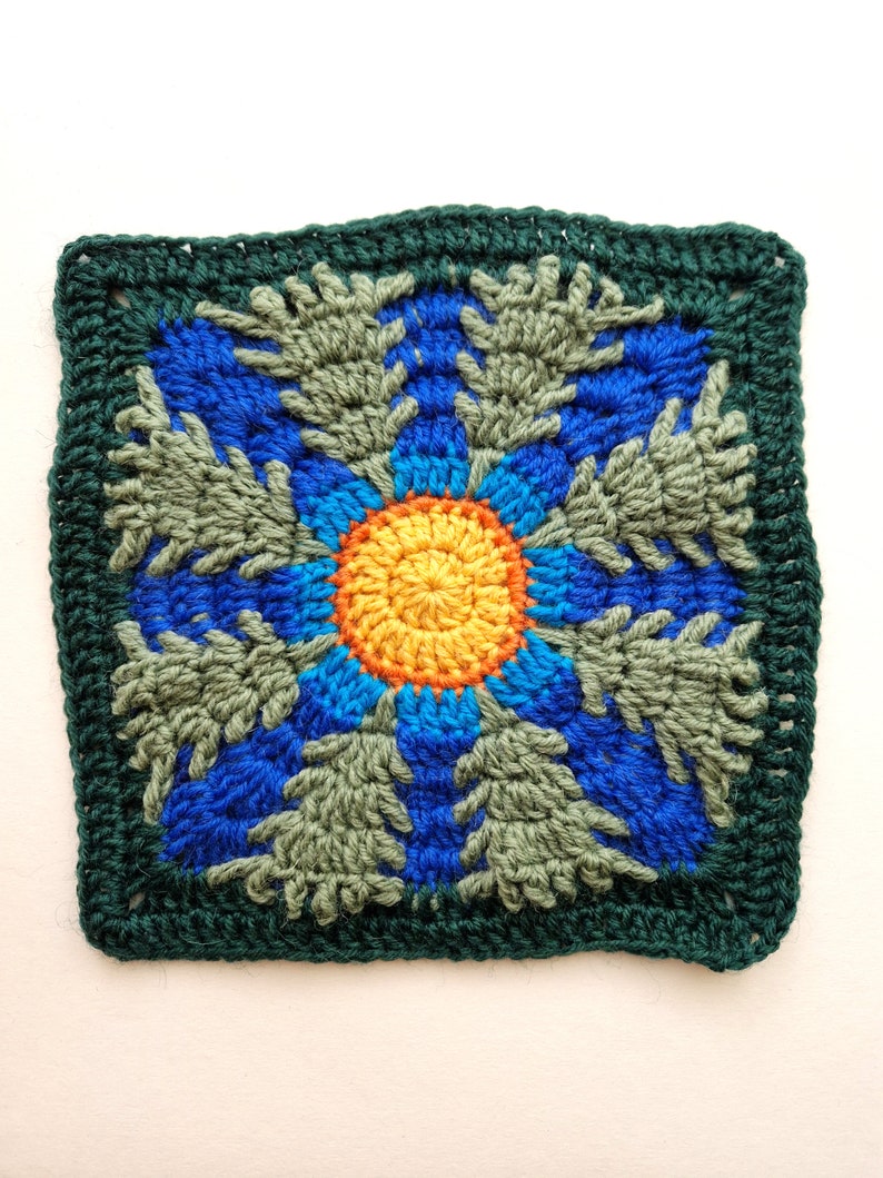 Moonlit Forest Granny Square Crochet Pattern - Atmospheric Spruce Forest with Central Sun/Moon