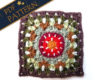 Queen Mushroom Granny Square Crochet Pattern - Detailed Fly Amanita with a Ring of Small Mushrooms