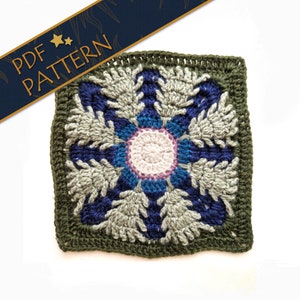 Patrón de crochet cuadrado de la abuela "Bosque iluminado por la luna" - Bosque de abetos atmosférico con sol y luna centrales