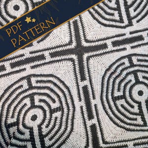 May include: A crochet textile featuring a repeating geometric labyrinth pattern in dark charcoal grey and off-white yarn. A dark blue diagonal banner across the top left corner displays the gold text PDF PATTERN with two small gold stars.