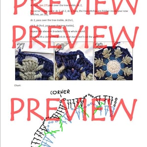May include: A crochet pattern chart with instructions for making a crochet flower. The chart shows the stitches to be used in each round of the pattern. The chart is labeled "Corner" and shows the stitches for the corner of the flower. The chart is also labeled with the numbers 27, 28, and 29, which indicate the different rounds of the pattern.