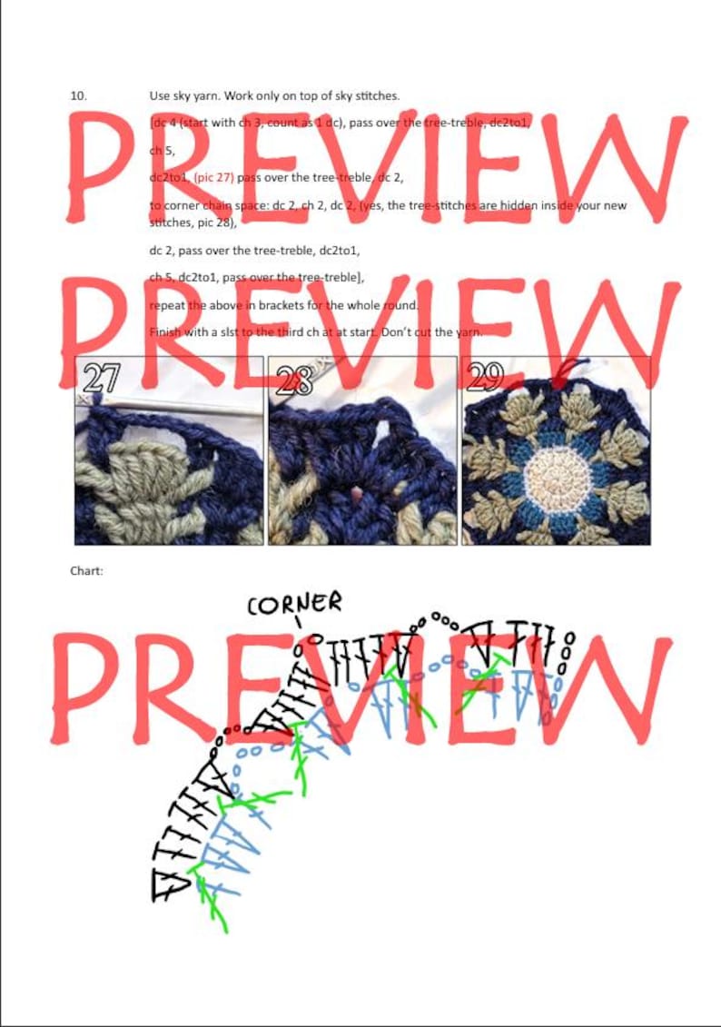 May include: A crochet pattern chart with instructions for making a crochet flower. The chart shows the stitches to be used in each round of the pattern. The chart is labeled "Corner" and shows the stitches for the corner of the flower. The chart is also labeled with the numbers 27, 28, and 29, which indicate the different rounds of the pattern.