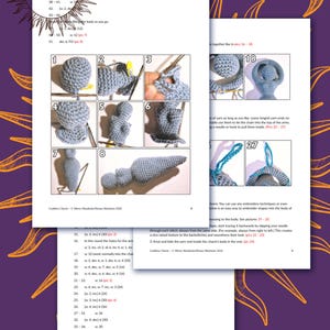 May include: A crochet pattern document titled Merry Mandrake featuring step-by-step instructions and numbered photographs. The pages display text, diagrams, and images of a light blue crocheted figurine in various stages of assembly.
