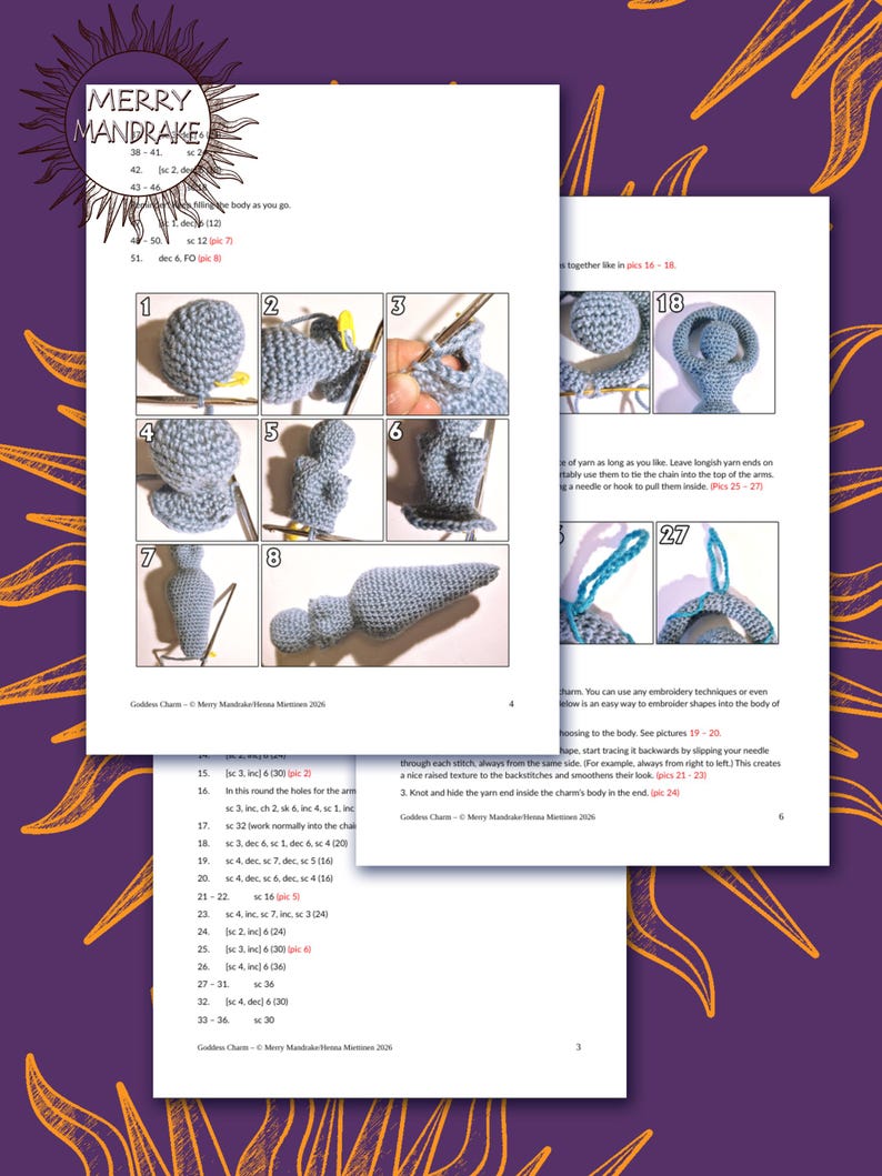 May include: A crochet pattern document titled Merry Mandrake featuring step-by-step instructions and numbered photographs. The pages display text, diagrams, and images of a light blue crocheted figurine in various stages of assembly.