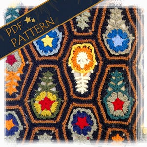 May include: A colorful crochet blanket with a geometric pattern. The blanket features various floral and star-shaped motifs in shades of blue, yellow, red, and green, set against a dark blue background. The text "PDF PATTERN" is displayed on a banner.