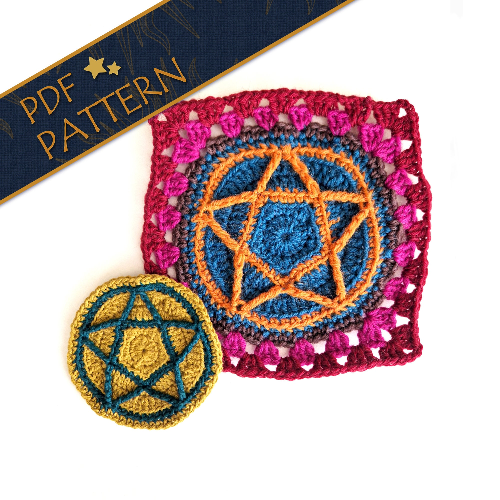 30 Witchy Crochet Patterns for Spooky, Celestial, and Gothic Makes 18 Pentacle Crochet Granny Square, Applique, or Coaster Pattern