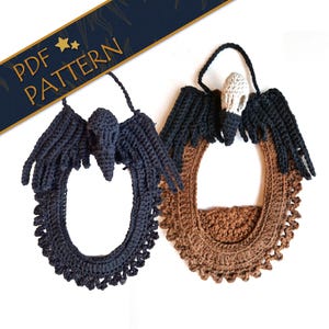 May include: Two crocheted bird collars, one black and one brown. Each collar features a crocheted bird head with wings. The collars are designed to be worn around the neck.