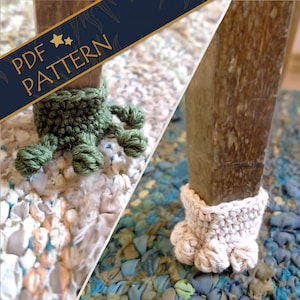 May include: A split-view image showing two crochet furniture leg covers. One cover is olive green and the other is cream, both featuring a textured, paw-like design with small rounded protrusions at the base. A banner reads PDF PATTERN.