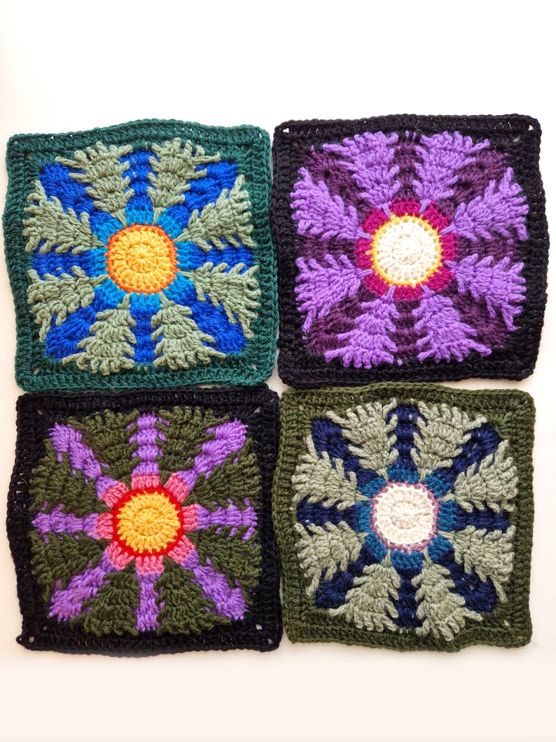 Moonlit Forest Granny Square Crochet Pattern - Atmospheric Spruce Forest with Central Sun/Moon