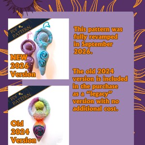 May include: A PDF pattern for a crocheted goddess figurine. The image displays a new 2026 version in purple and light blue, and an old 2024 version in multicolored yarn. Text states: This pattern was fully revamped in September 2026. The old 2024 version is included in the purchase as a legacy version with no additional cost.
