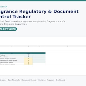 May include: A digital Excel template titled Fragrance Regulatory & Document Control Tracker. The interface displays a table with categories like Products, Raw materials, and customer requests, alongside a dashboard tab for record management.