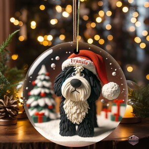 Cute Bernedoodle Ornament featuring a clay style ornament peering at the magic of Christmas.  Personalized Ornament and great gift for any doodle mom or doodle dad.