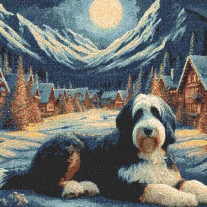 May include: Woven throw blanket featuring a black, white, and brown dog lying in a snowy landscape. The background depicts a village with snow-covered mountains, a full moon, and evergreen trees. The blanket has a fringed edge.