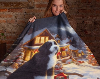 May include: A rectangular throw blanket featuring a printed scene of a black and white dog sitting in the snow in front of a cabin decorated for the holidays. The cabin has glowing yellow windows and the ground is covered in snow with gift boxes.